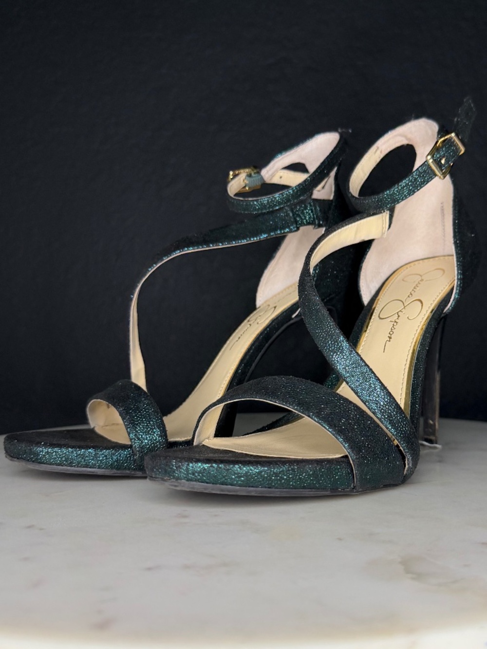 Jessica Simpson‎ Dark Green Glitter Ankle Strap Stiletto Heels